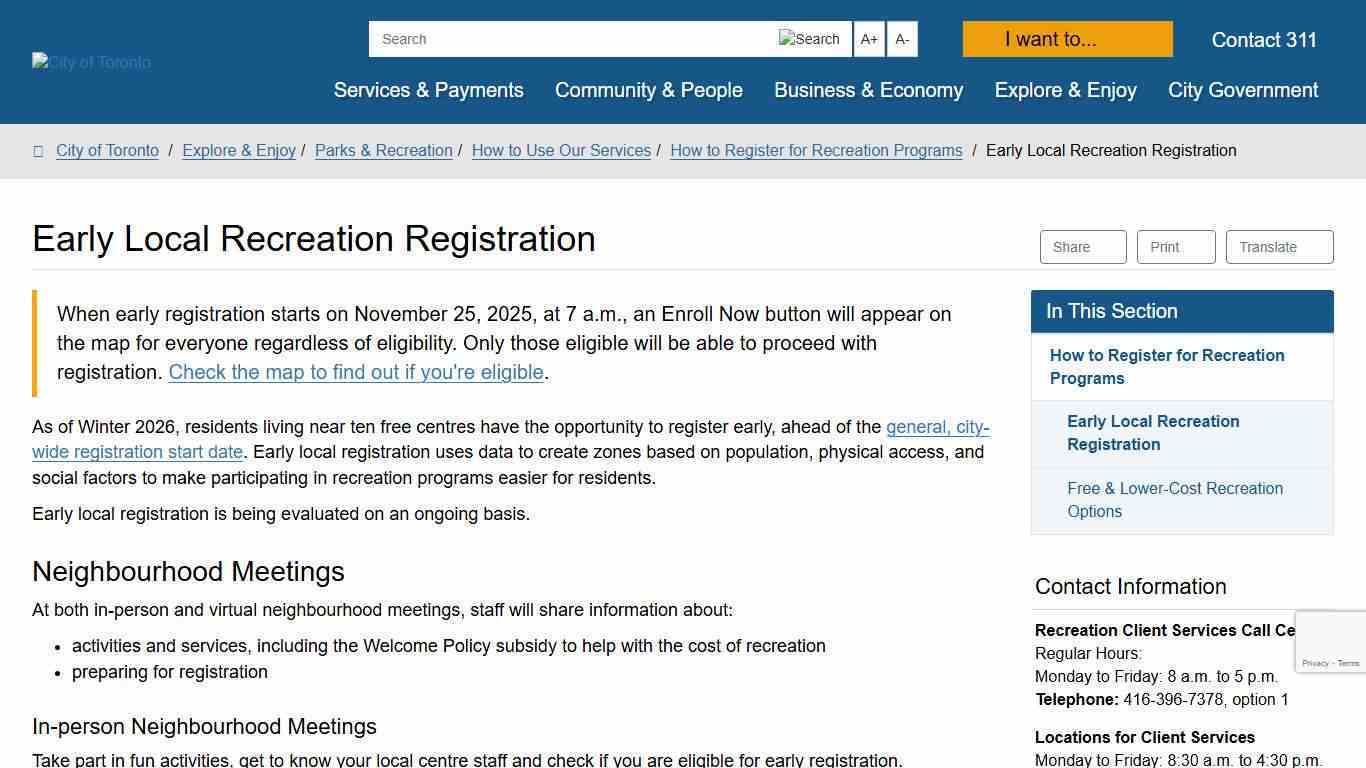 Early Local Recreation Registration – City of Toronto
